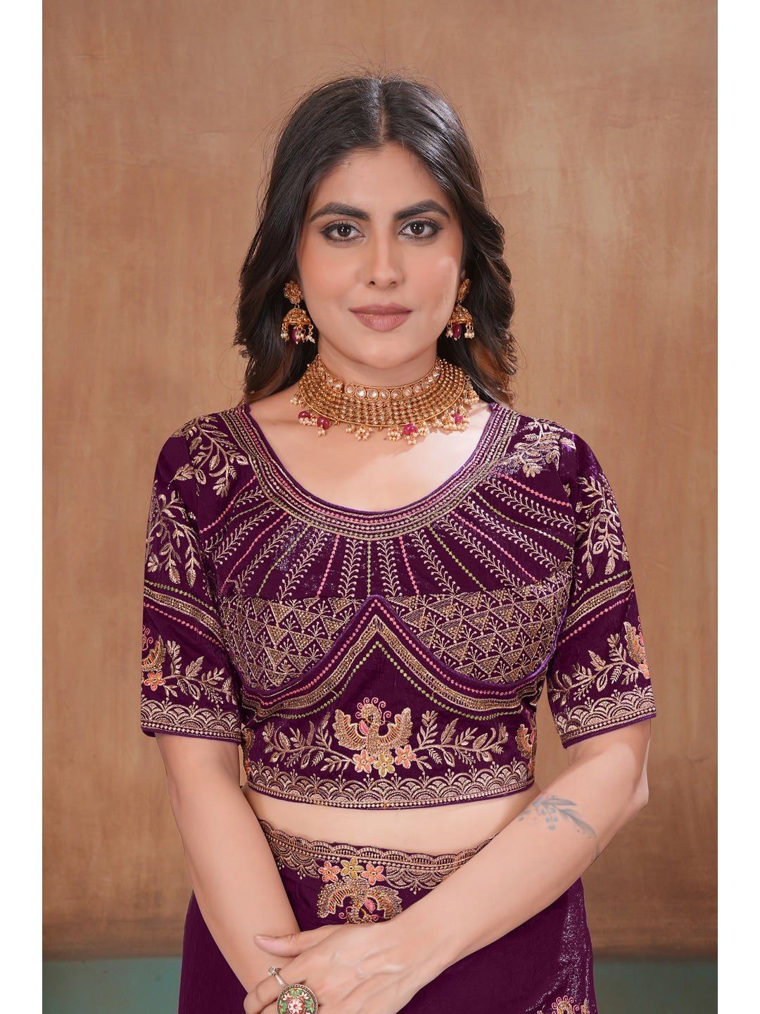 Peachmode Wine Embroidered Fendy Satin Saree With Stitched Blouse - Image 5
