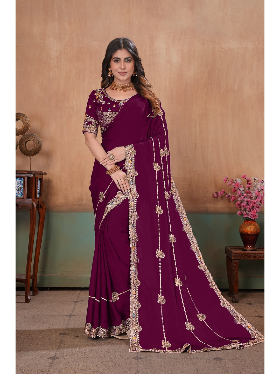 Peachmode Wine Embroidered Fendy Satin Saree With Stitched Blouse - Image 1