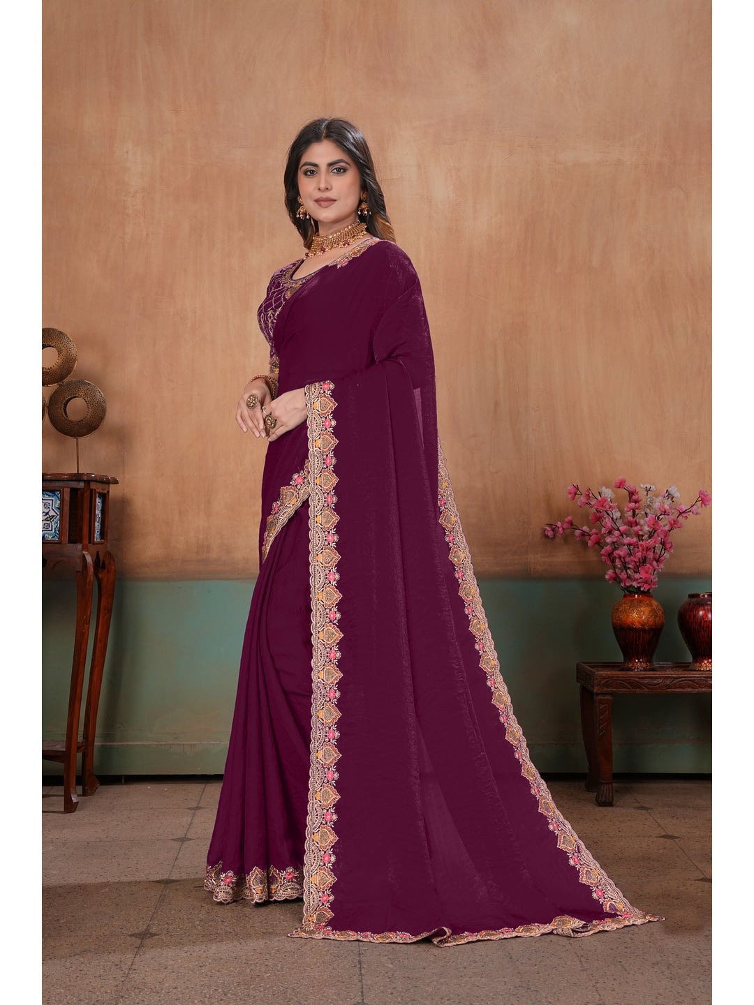 Peachmode Wine Embroidered Fendy Satin Saree With Stitched Blouse - Image 2