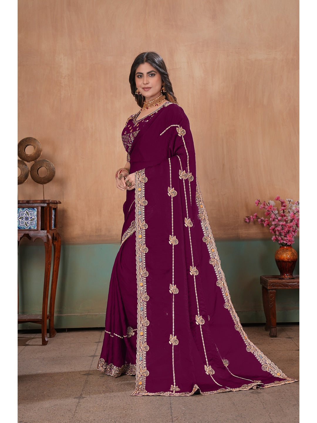 Peachmode Wine Embroidered Fendy Satin Saree With Stitched Blouse - Image 2
