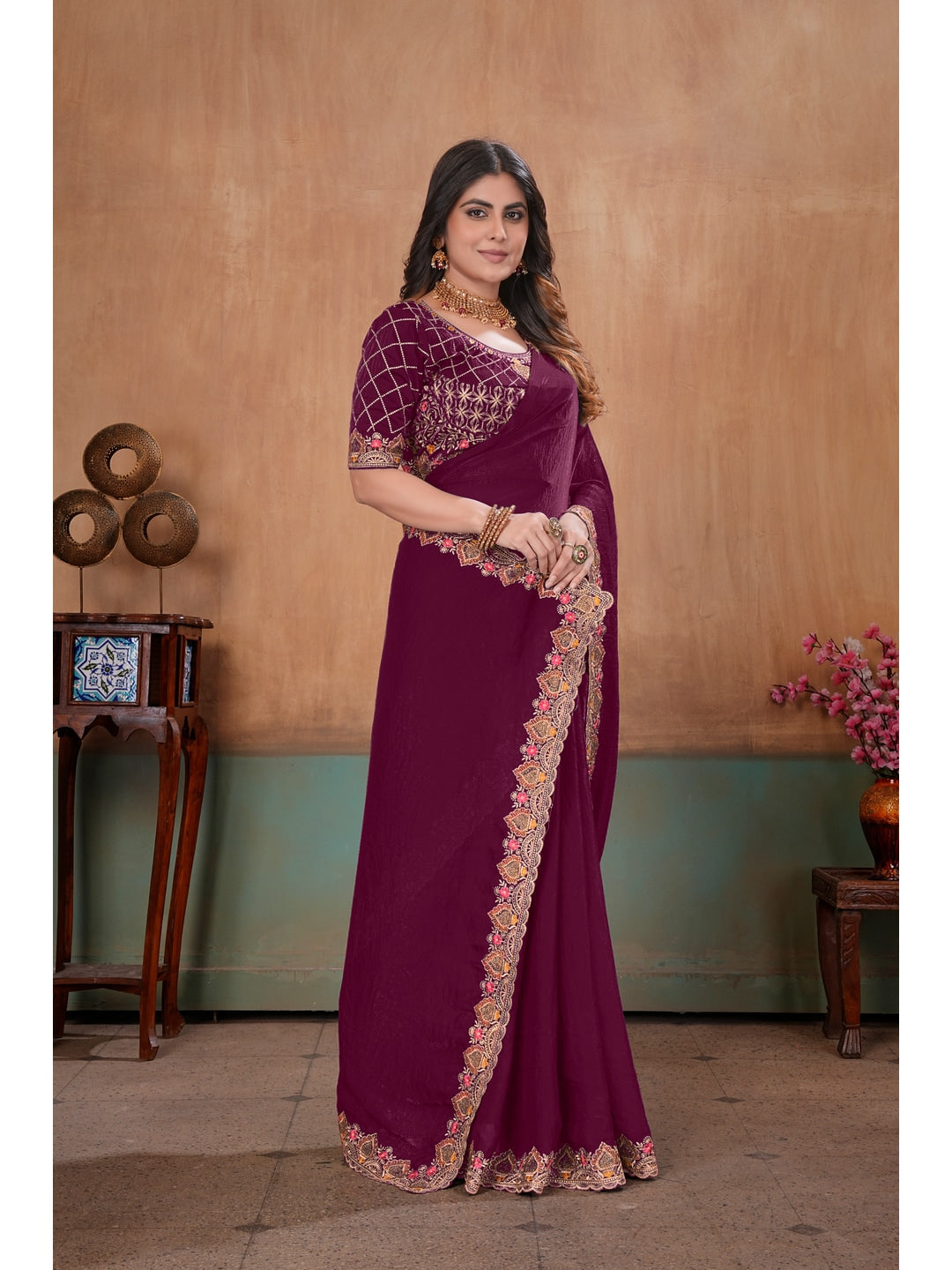 Peachmode Wine Embroidered Fendy Satin Saree With Stitched Blouse - Image 3