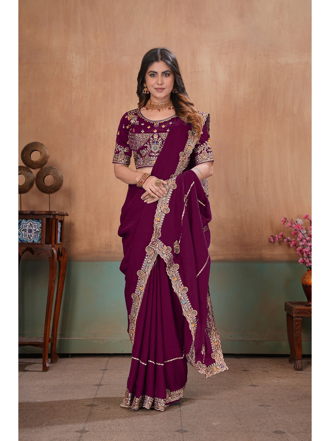 Peachmode Wine Embroidered Fendy Satin Saree With Stitched Blouse - Image 3