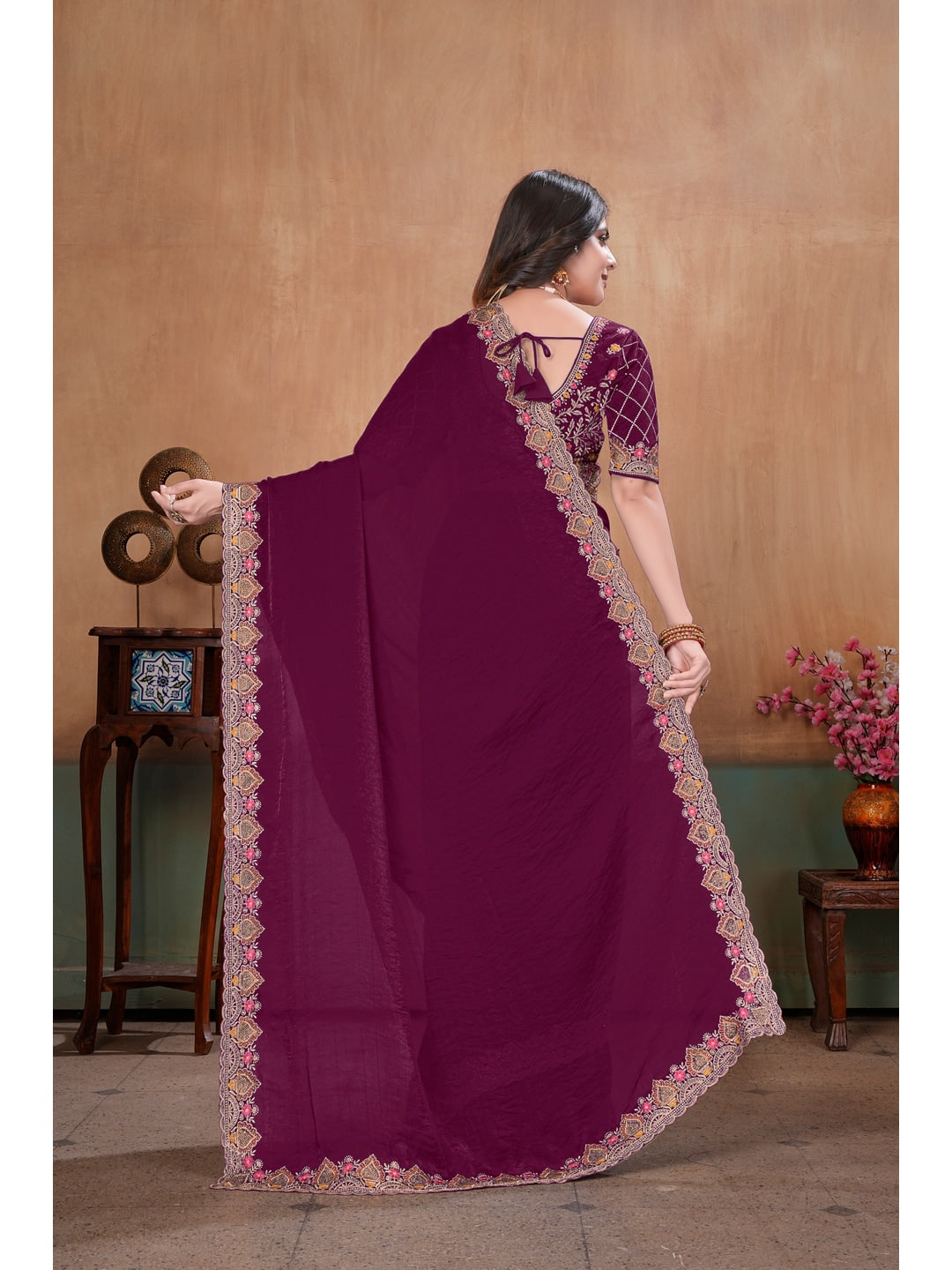 Peachmode Wine Embroidered Fendy Satin Saree With Stitched Blouse - Image 4