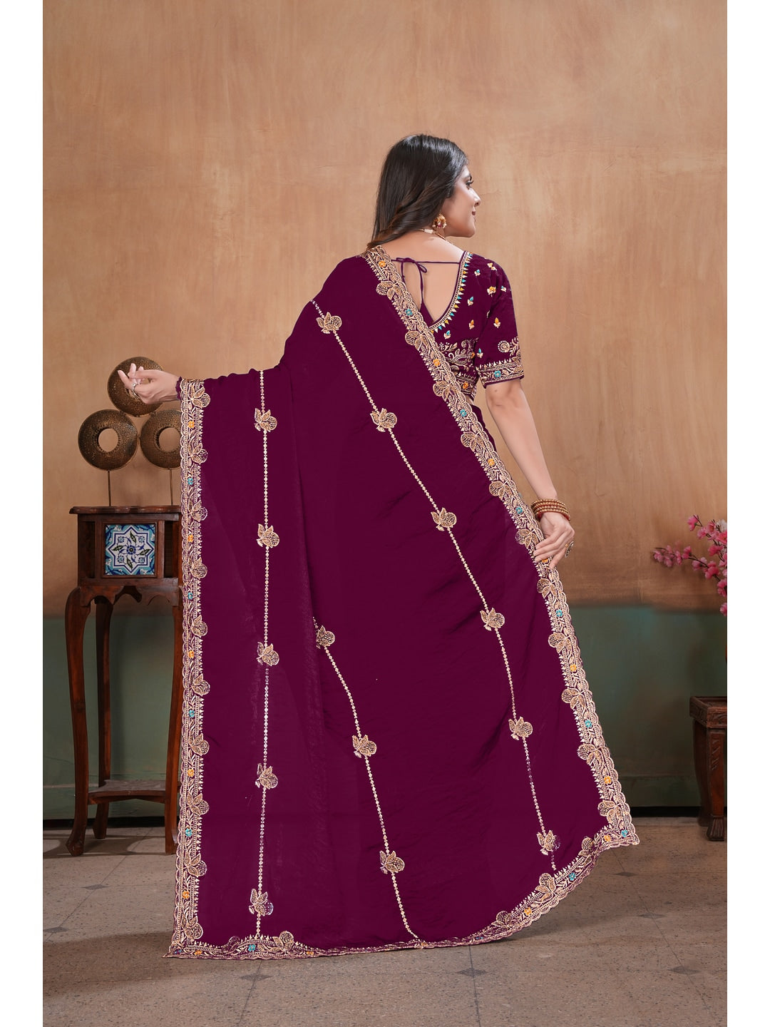 Peachmode Wine Embroidered Fendy Satin Saree With Stitched Blouse - Image 4