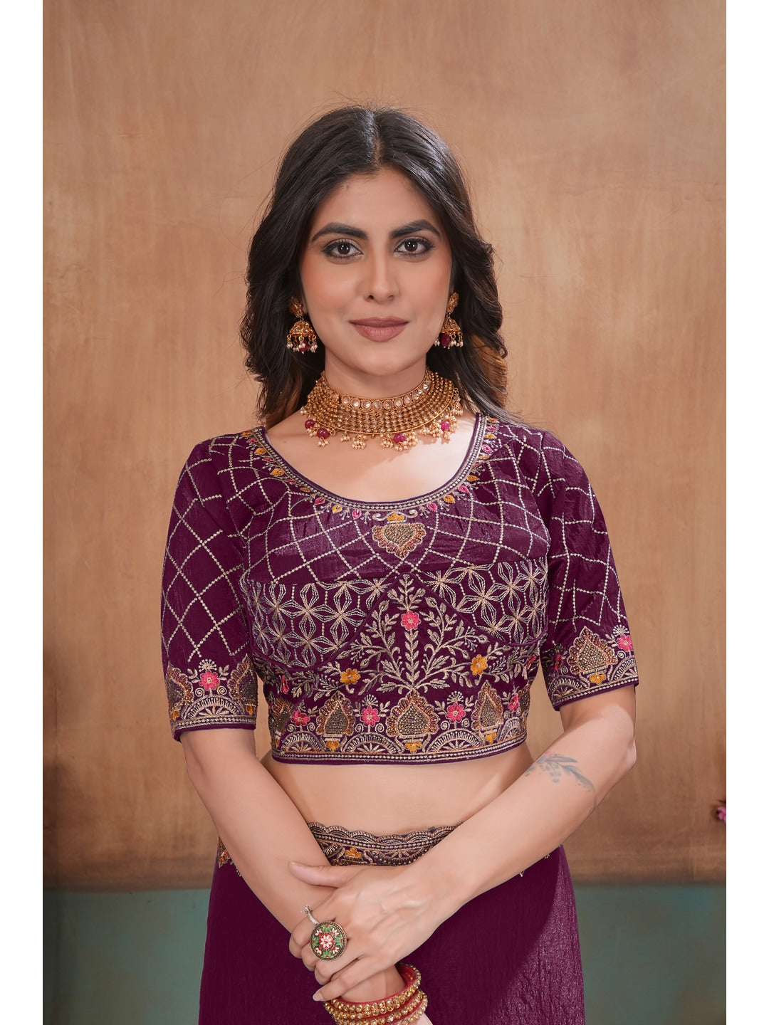 Peachmode Wine Embroidered Fendy Satin Saree With Stitched Blouse - Image 5