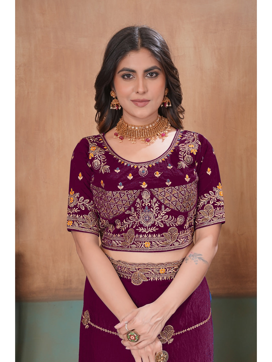 Peachmode Wine Embroidered Fendy Satin Saree With Stitched Blouse - Image 5