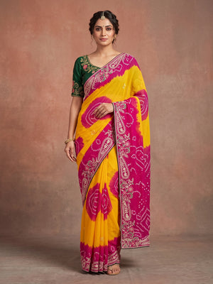 Peachmode Yellow and Pink Georgette Bandhani Embroidered Saree - Image 1