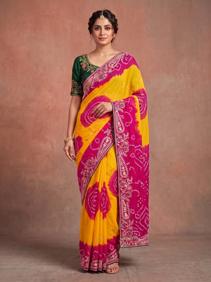 Peachmode Yellow and Pink Georgette Bandhani Embroidered Saree - Image 2