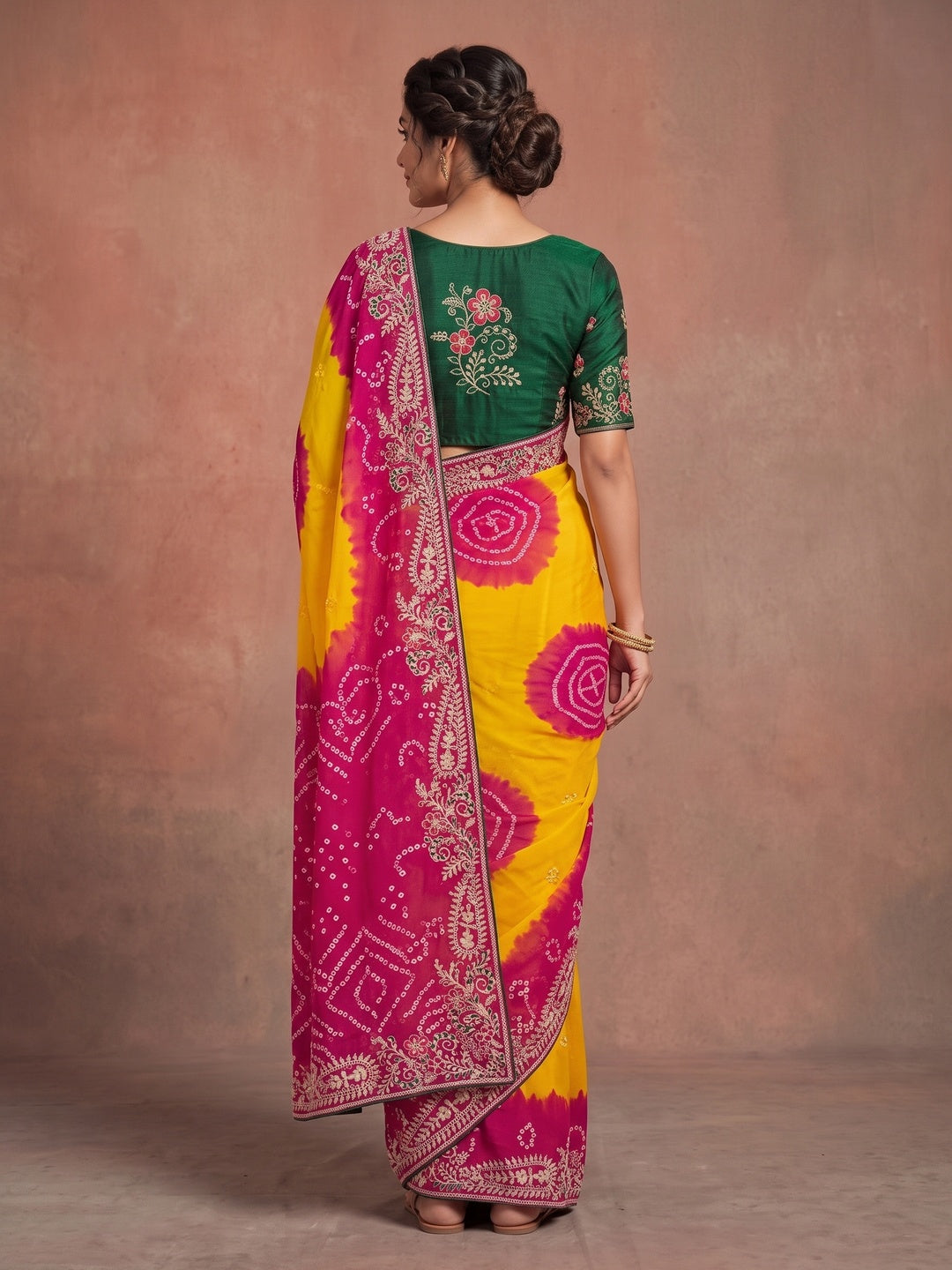 Peachmode Yellow and Pink Georgette Bandhani Embroidered Saree - Image 5
