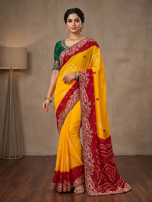 Peachmode Yellow and Red Georgette Bandhani Embroidered Saree - Image 1
