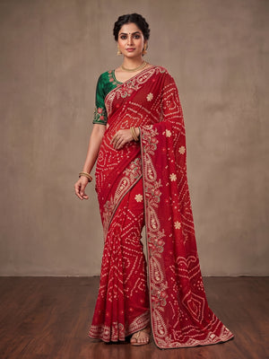 Peachmode Yellow and Red Georgette Bandhani Embroidered Saree - Image 2