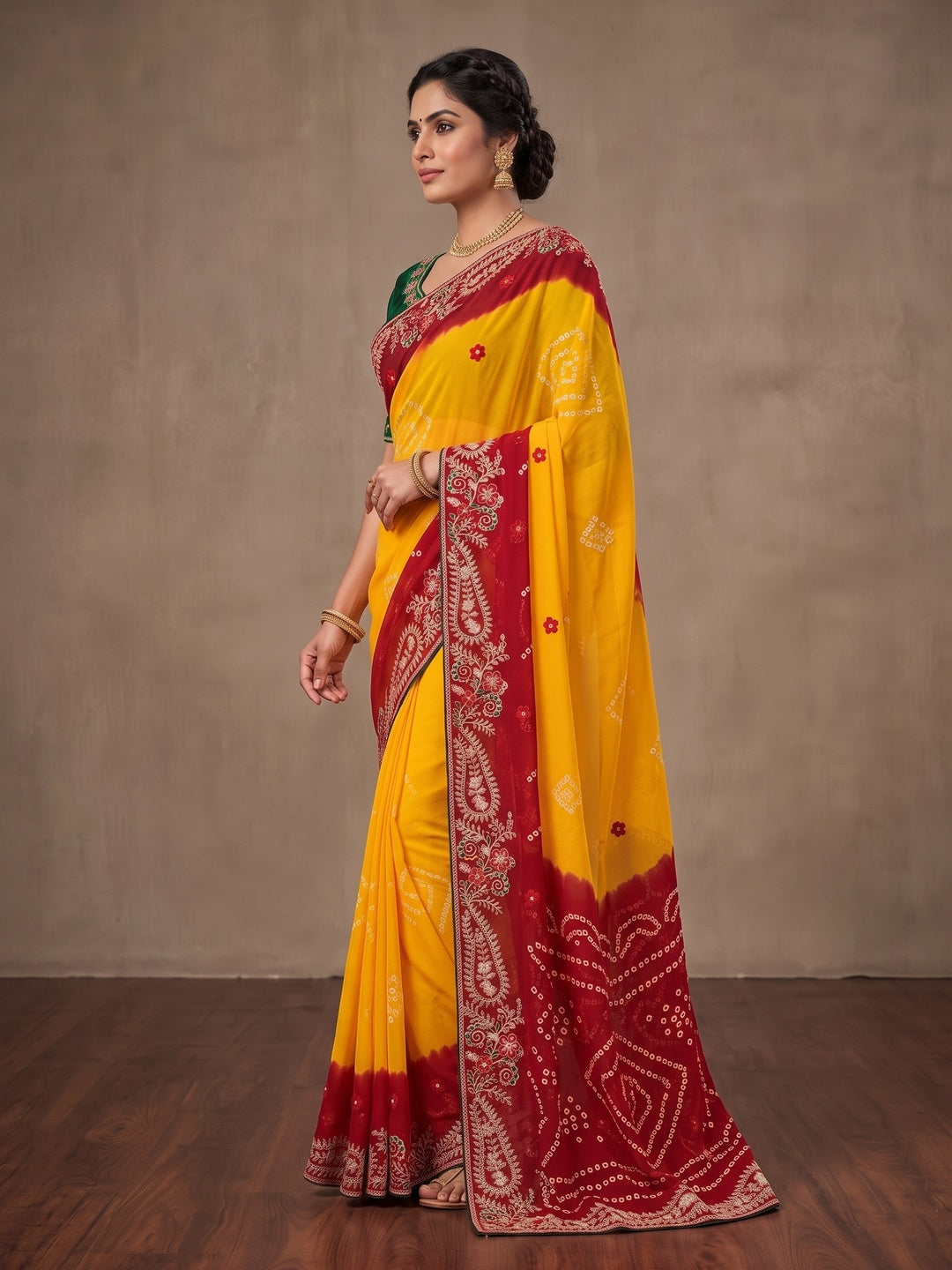 Peachmode Yellow and Red Georgette Bandhani Embroidered Saree - Image 3
