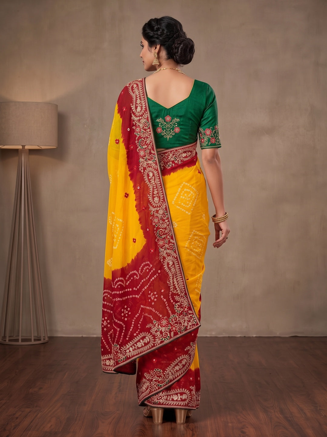 Peachmode Yellow and Red Georgette Bandhani Embroidered Saree - Image 5