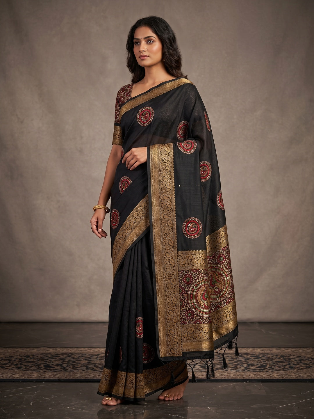 Peachmode Black Dola Silk Ethnic Motifs Saree - Image 1