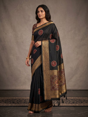 Peachmode Black Dola Silk Ethnic Motifs Saree - Image 1