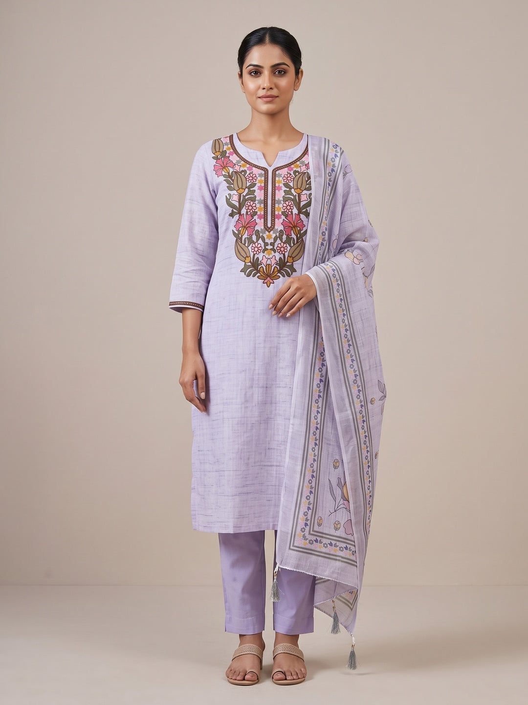 Peachmode Lavender Floral Embroidered Linen Cotton Dress Material - Image 1
