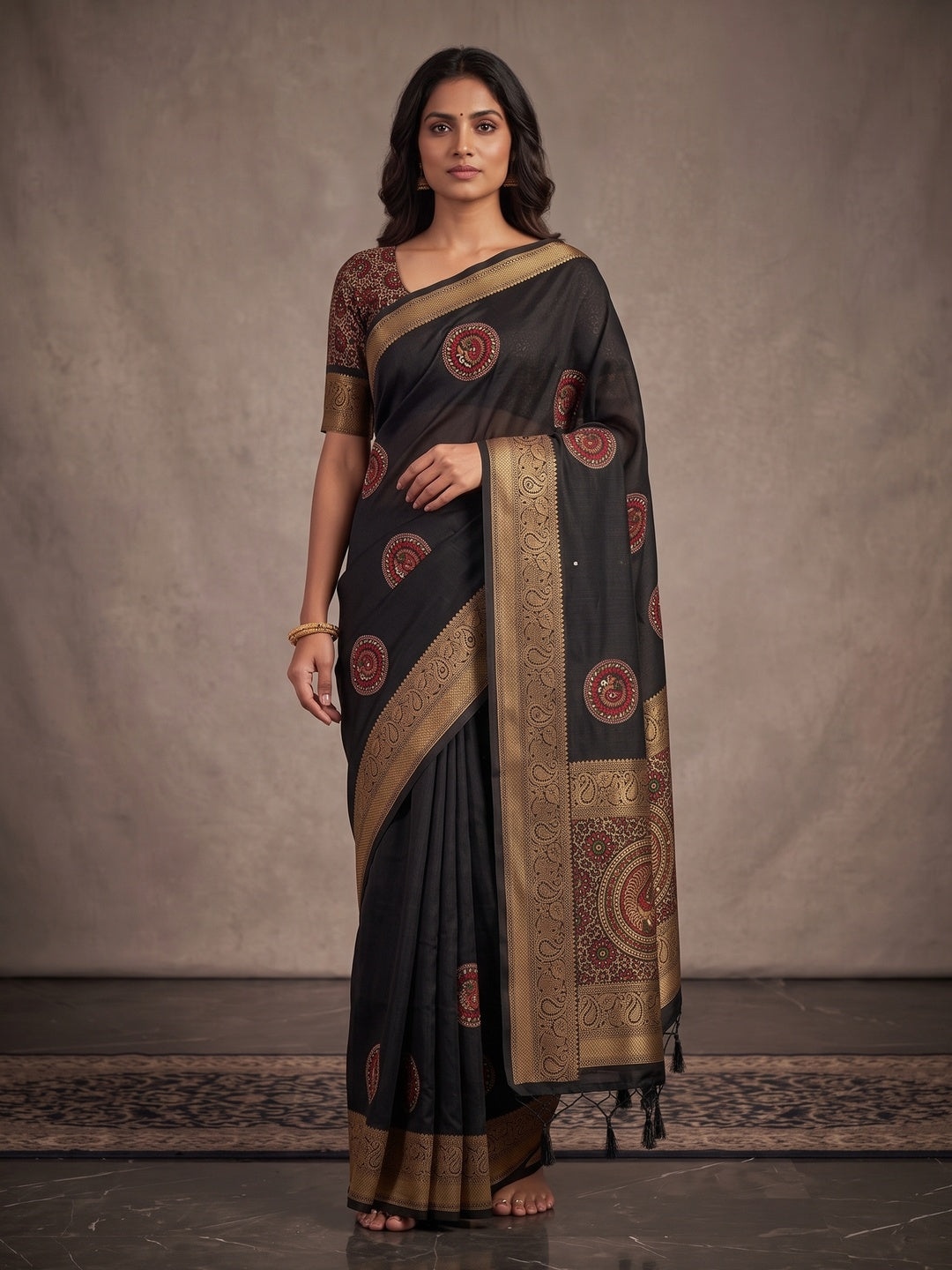 Peachmode Black Dola Silk Ethnic Motifs Saree - Image 2