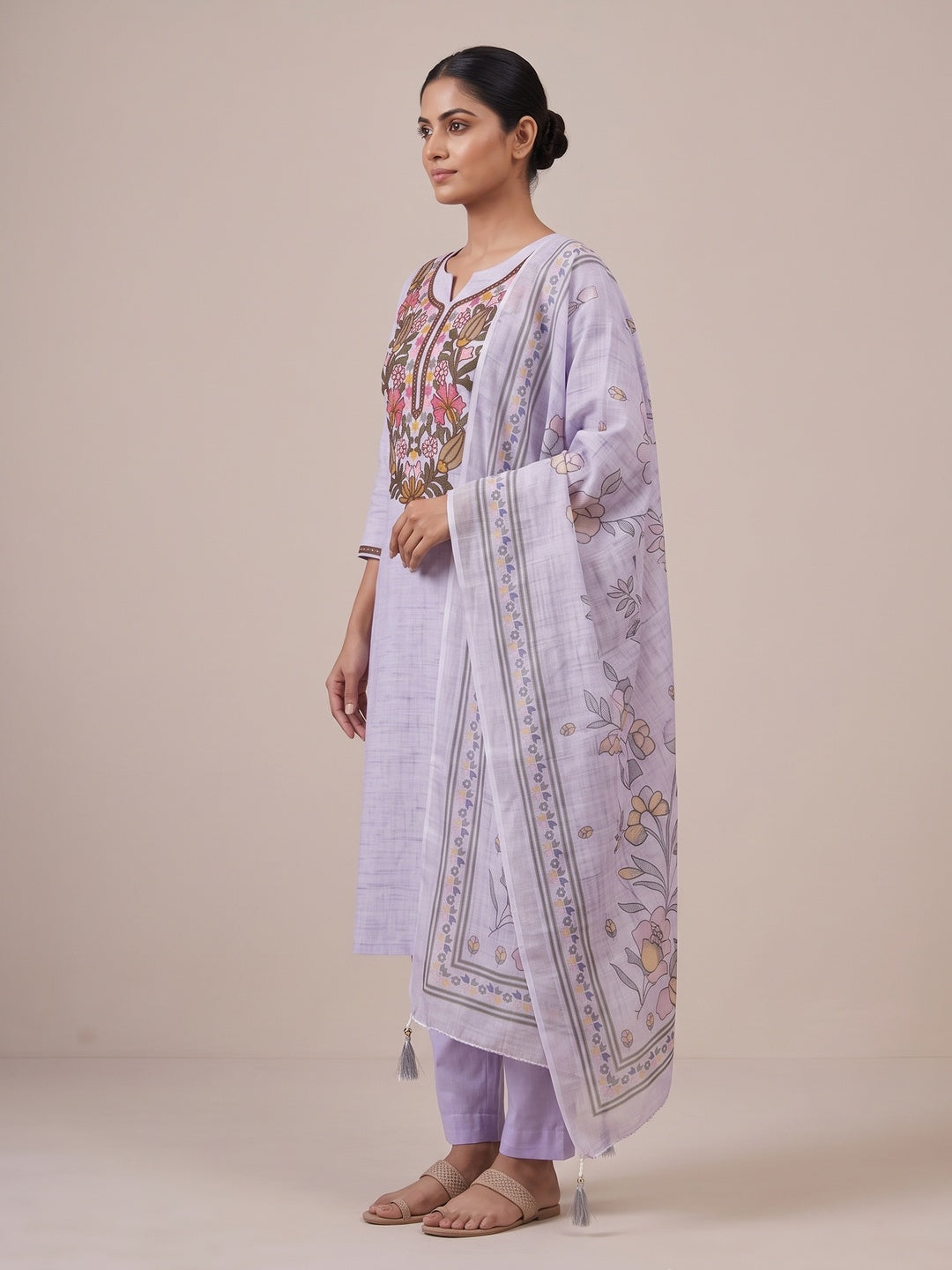 Peachmode Lavender Floral Embroidered Linen Cotton Dress Material - Image 3