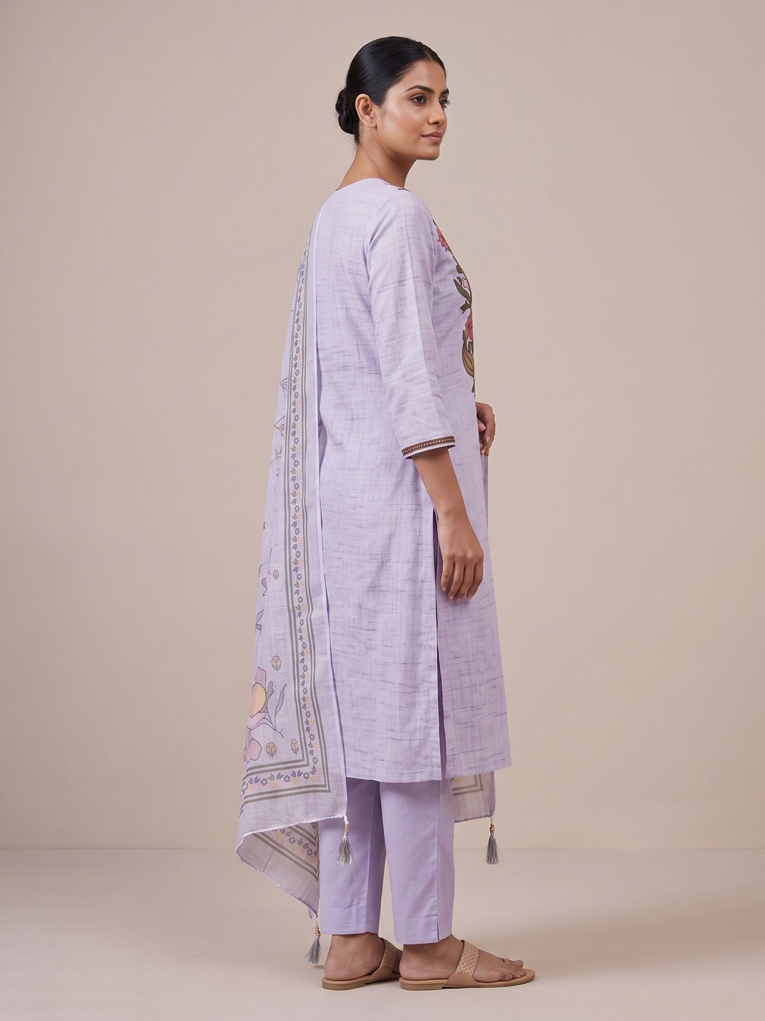 Peachmode Lavender Floral Embroidered Linen Cotton Dress Material - Image 4