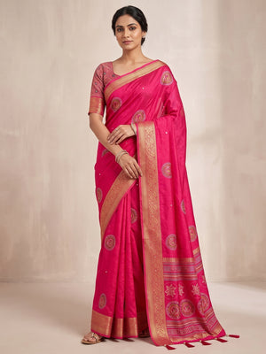 Peachmode Rani Pink Dola Silk Ethnic Motifs Saree - Image 1