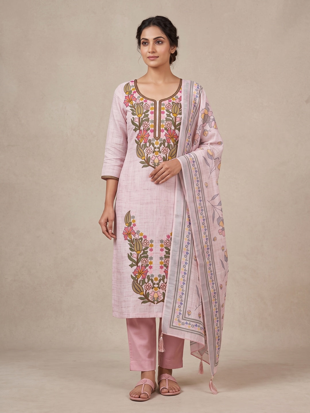 Peachmode Pink Floral Embroidered Linen Cotton Dress Material - Image 1