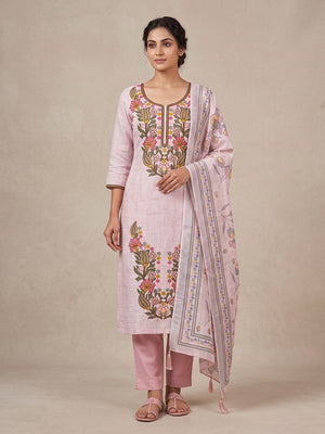 Peachmode Pink Floral Embroidered Linen Cotton Dress Material - Image 1