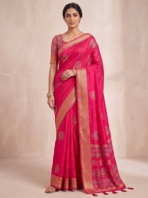 Peachmode Rani Pink Dola Silk Ethnic Motifs Saree - Image 2
