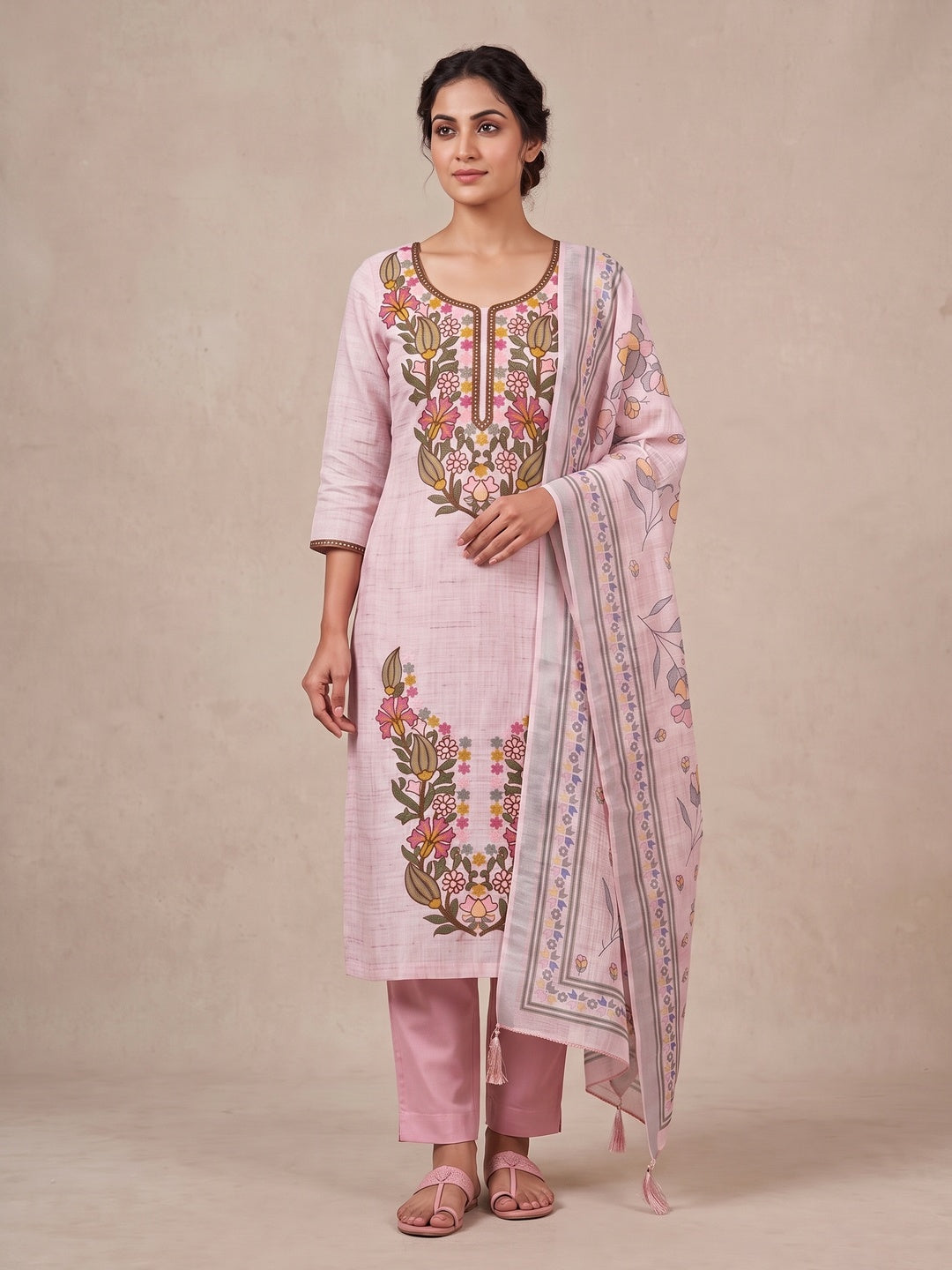 Peachmode Pink Floral Embroidered Linen Cotton Dress Material - Image 2