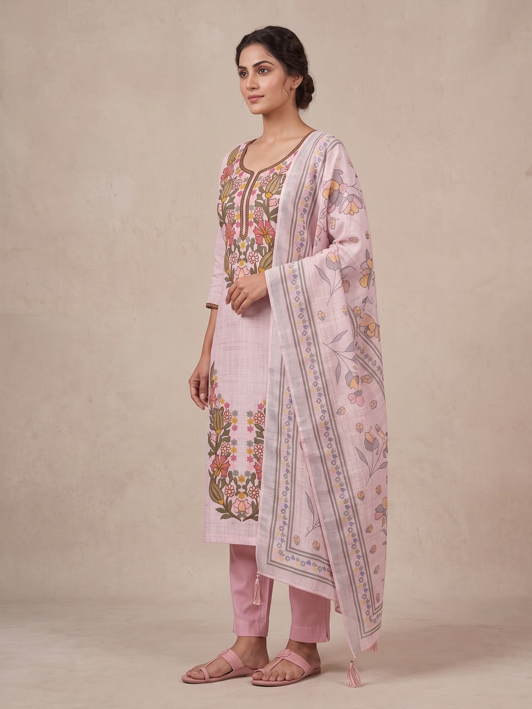 Peachmode Pink Floral Embroidered Linen Cotton Dress Material - Image 4