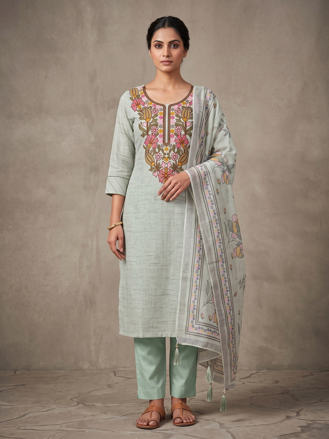 Peachmode Green Floral Embroidered Linen Cotton Dress Material - Image 1