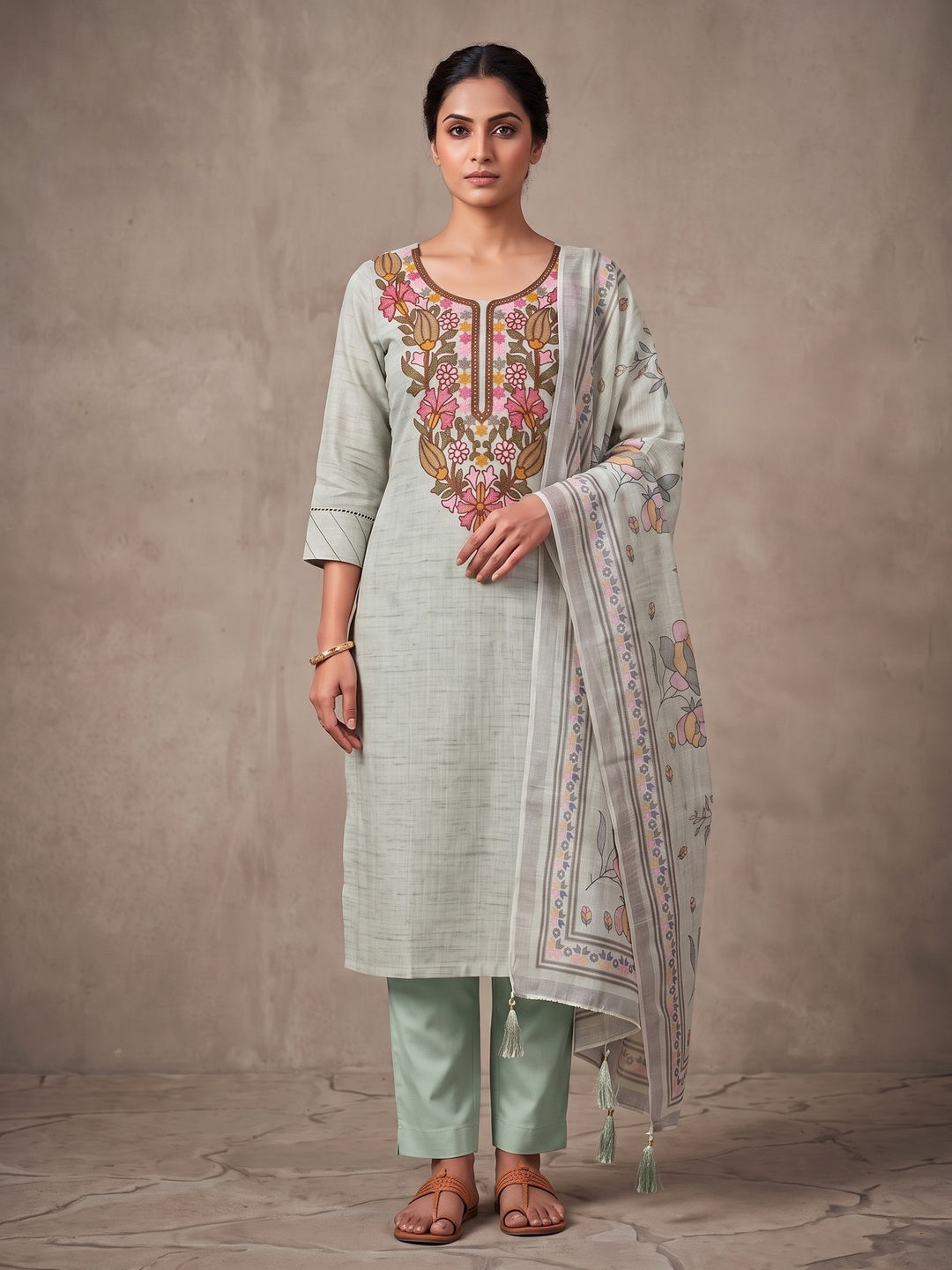 Peachmode Green Floral Embroidered Linen Cotton Dress Material - Image 2