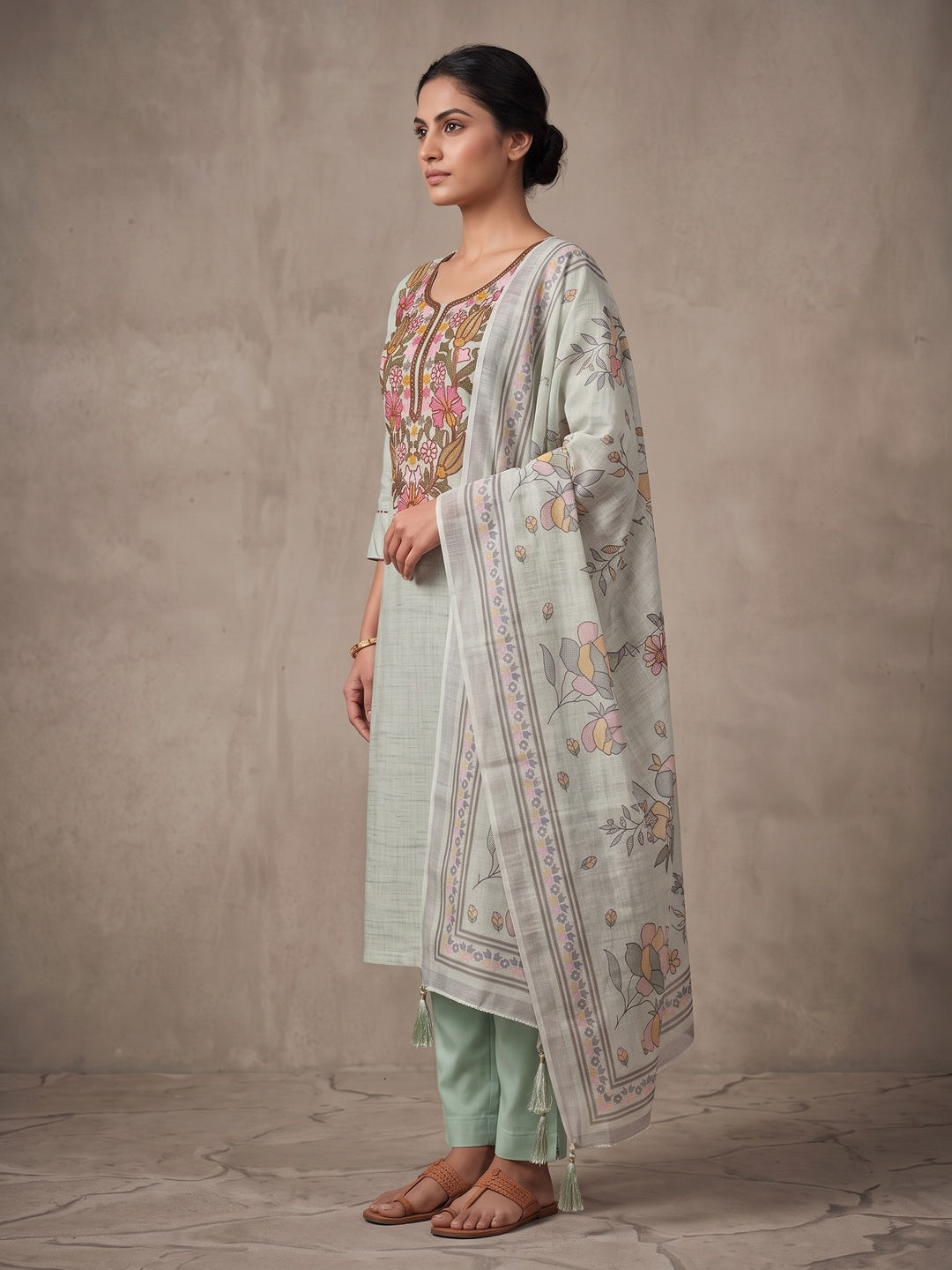 Peachmode Green Floral Embroidered Linen Cotton Dress Material - Image 3