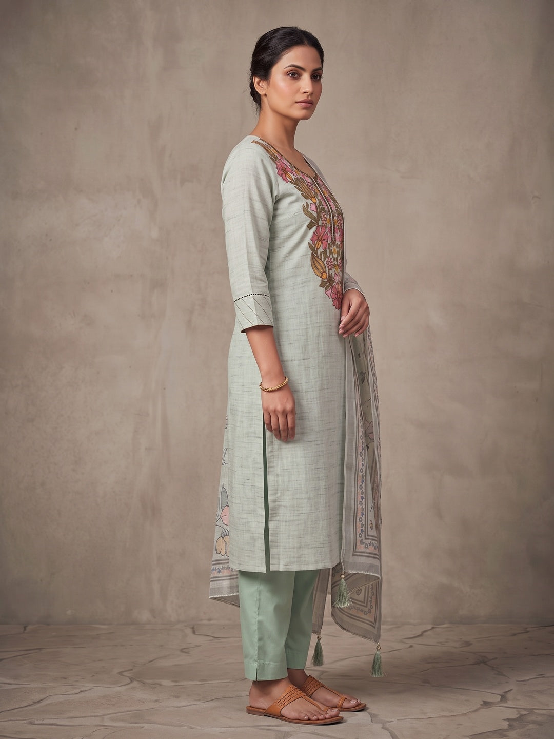 Peachmode Green Floral Embroidered Linen Cotton Dress Material - Image 4