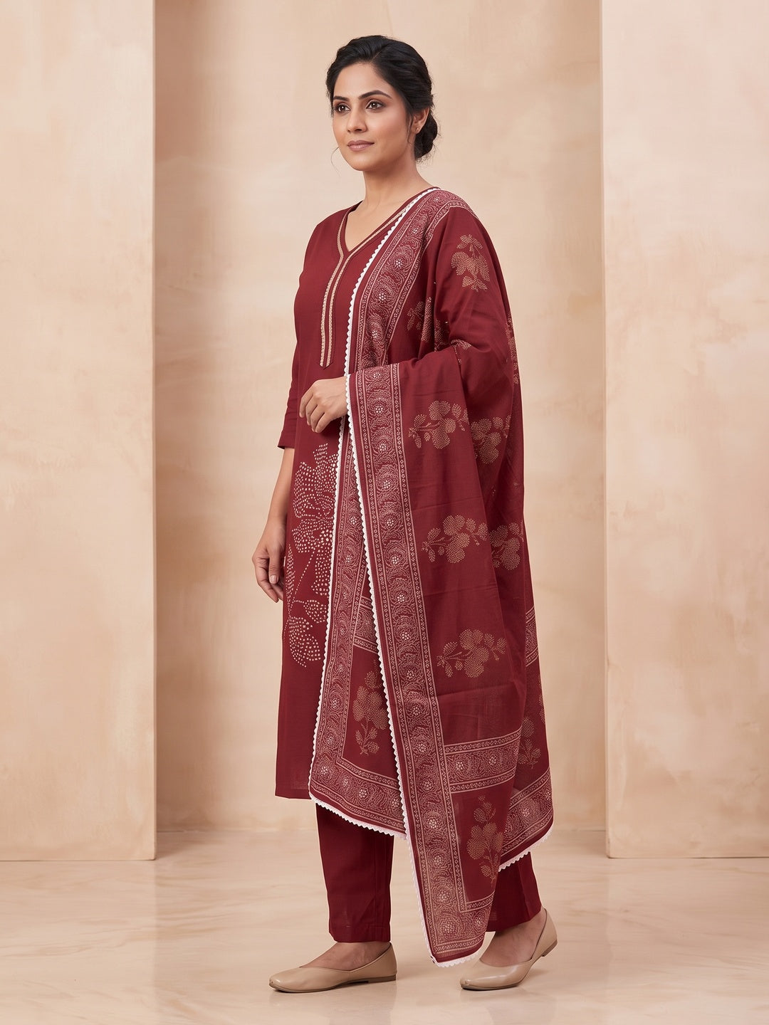 Maroon Pure Cotton Floral Printed Embroidered Salwar Suit Set - Image 3