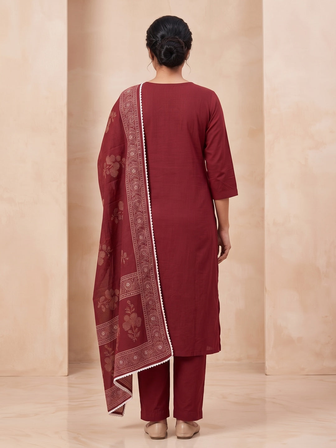Maroon Pure Cotton Floral Printed Embroidered Salwar Suit Set - Image 5