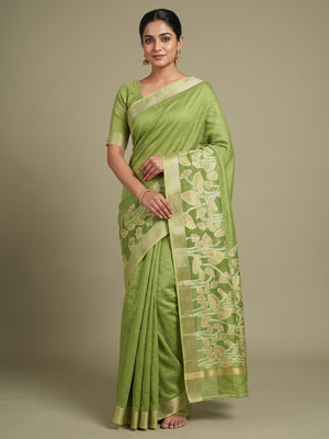 Peachmode Green Cotton Blend Leaf Pallu Saree - Image 1