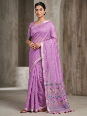 Peachmode Purple Cotton Blend Mirror Motif Saree - Image 1