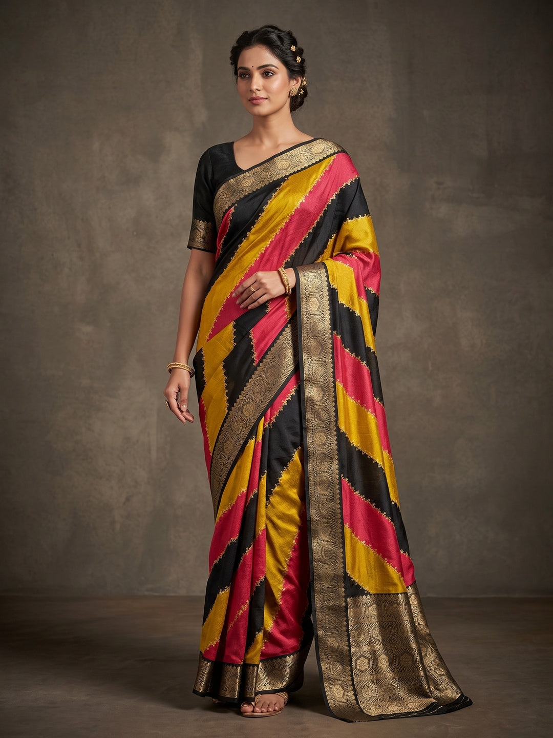 Peachmode Multicolour Dola Silk Striped Saree - Image 1