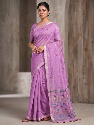 Peachmode Purple Cotton Blend Mirror Motif Saree - Image 2