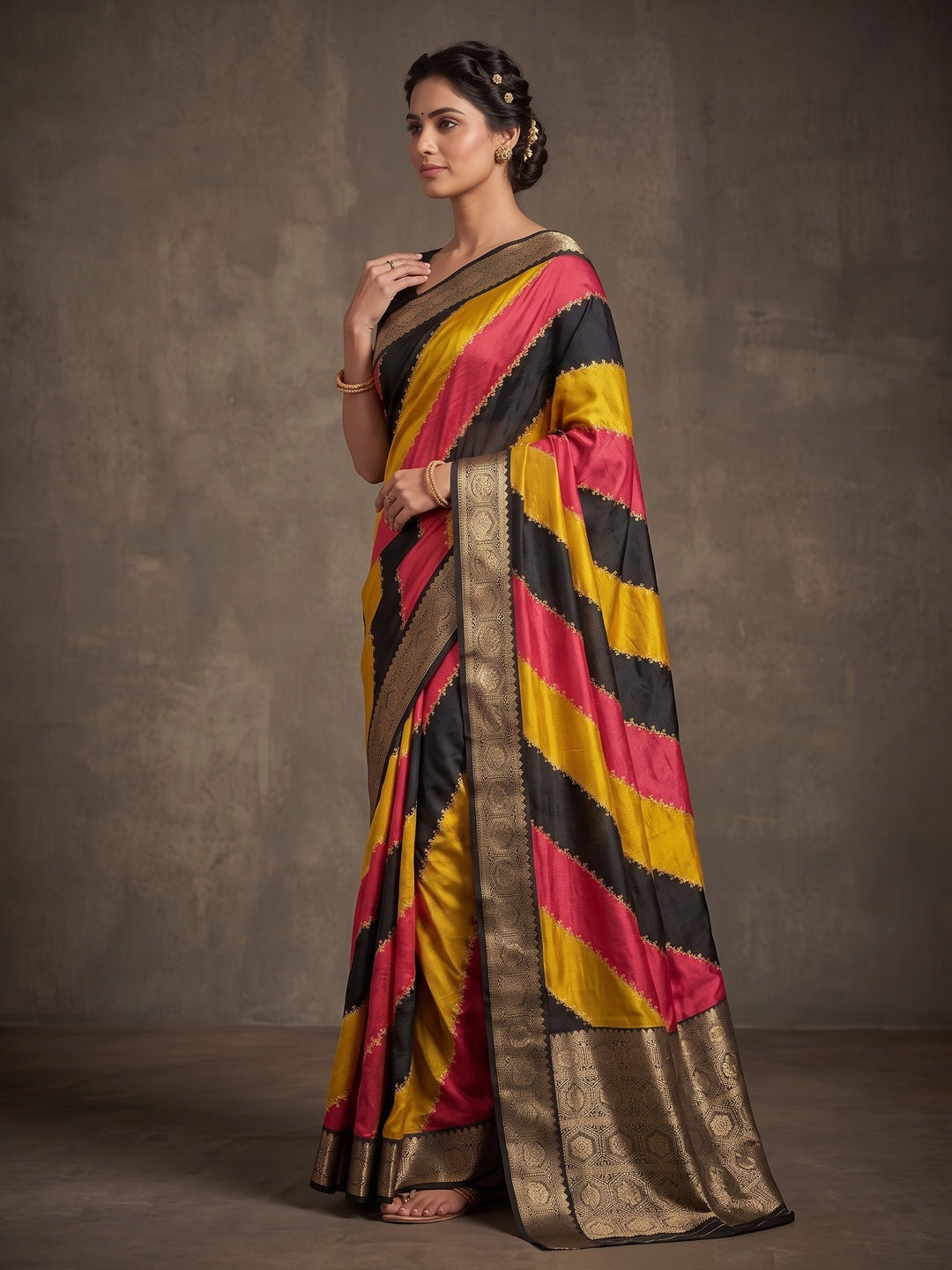 Peachmode Multicolour Dola Silk Striped Saree - Image 4