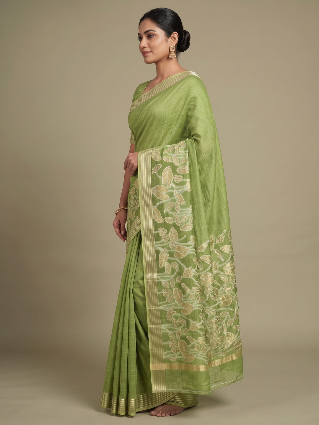 Peachmode Green Cotton Blend Leaf Pallu Saree - Image 4