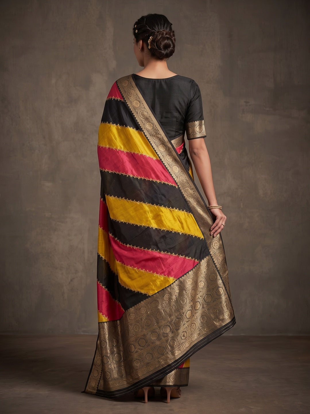Peachmode Multicolour Dola Silk Striped Saree - Image 5