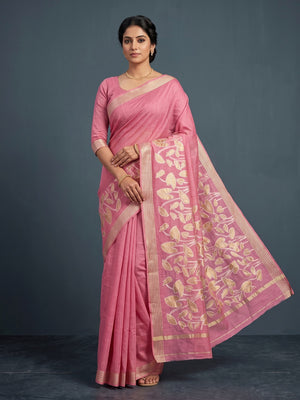 Peachmode Pink Cotton Blend Leaf Pallu Saree - Image 1