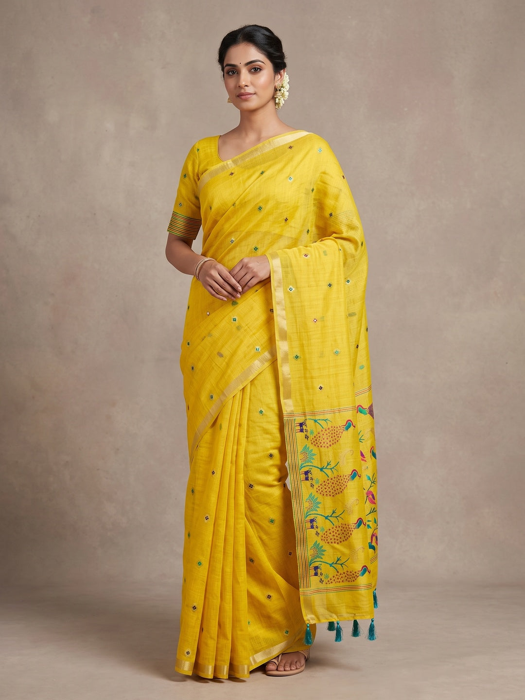 Peachmode Yellow Cotton Blend Mirror Motif Saree - Image 1