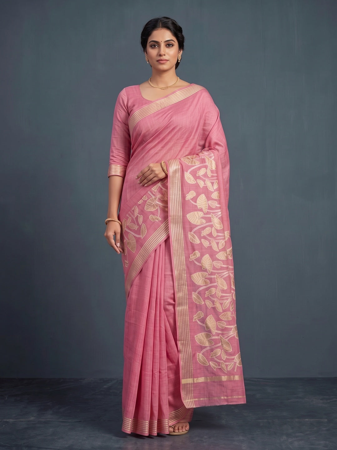 Peachmode Pink Cotton Blend Leaf Pallu Saree - Image 2