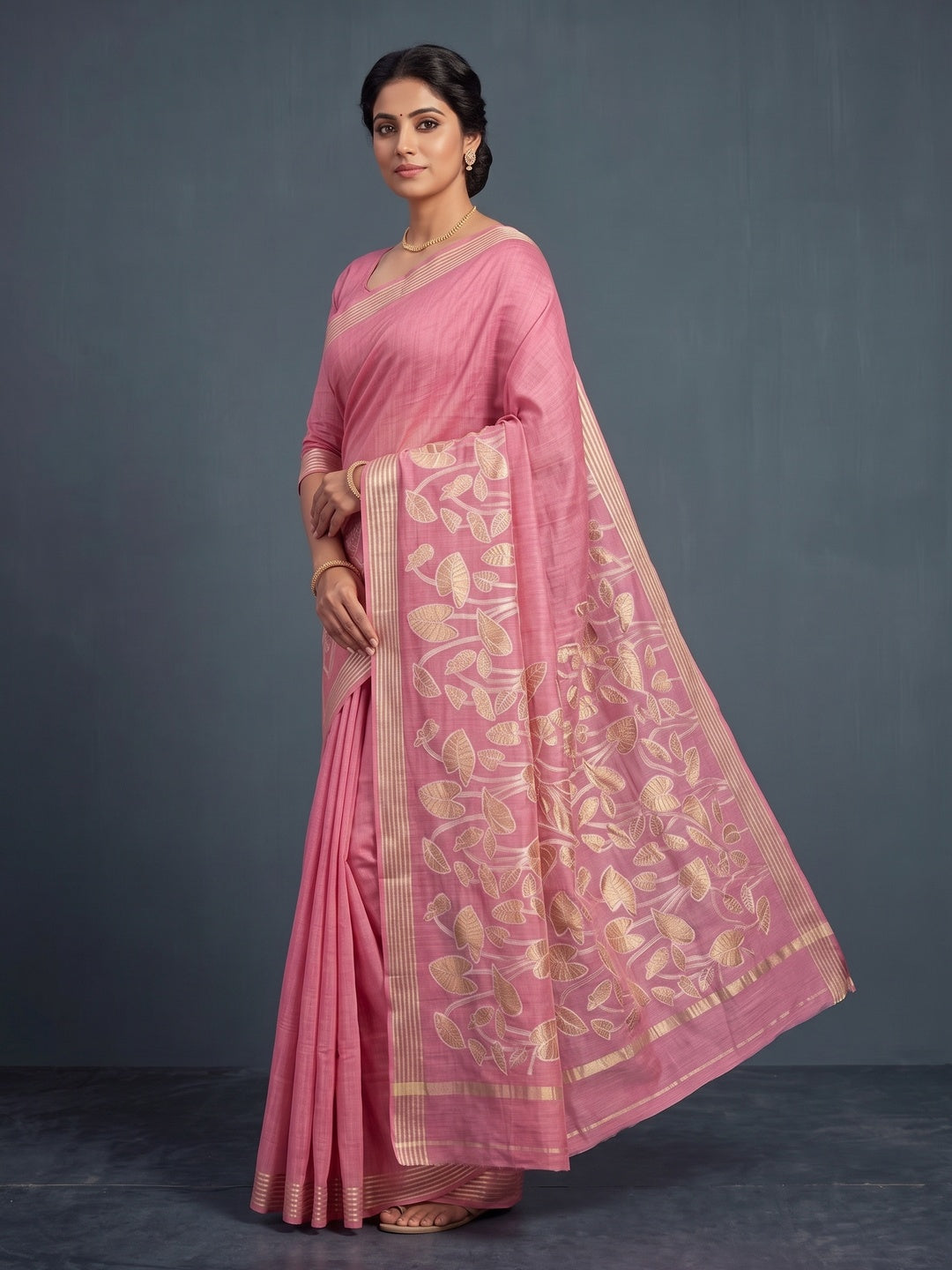 Peachmode Pink Cotton Blend Leaf Pallu Saree - Image 3