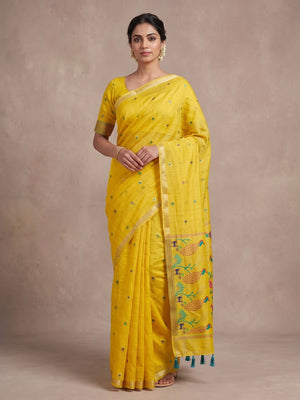 Peachmode Yellow Cotton Blend Mirror Motif Saree - Image 2