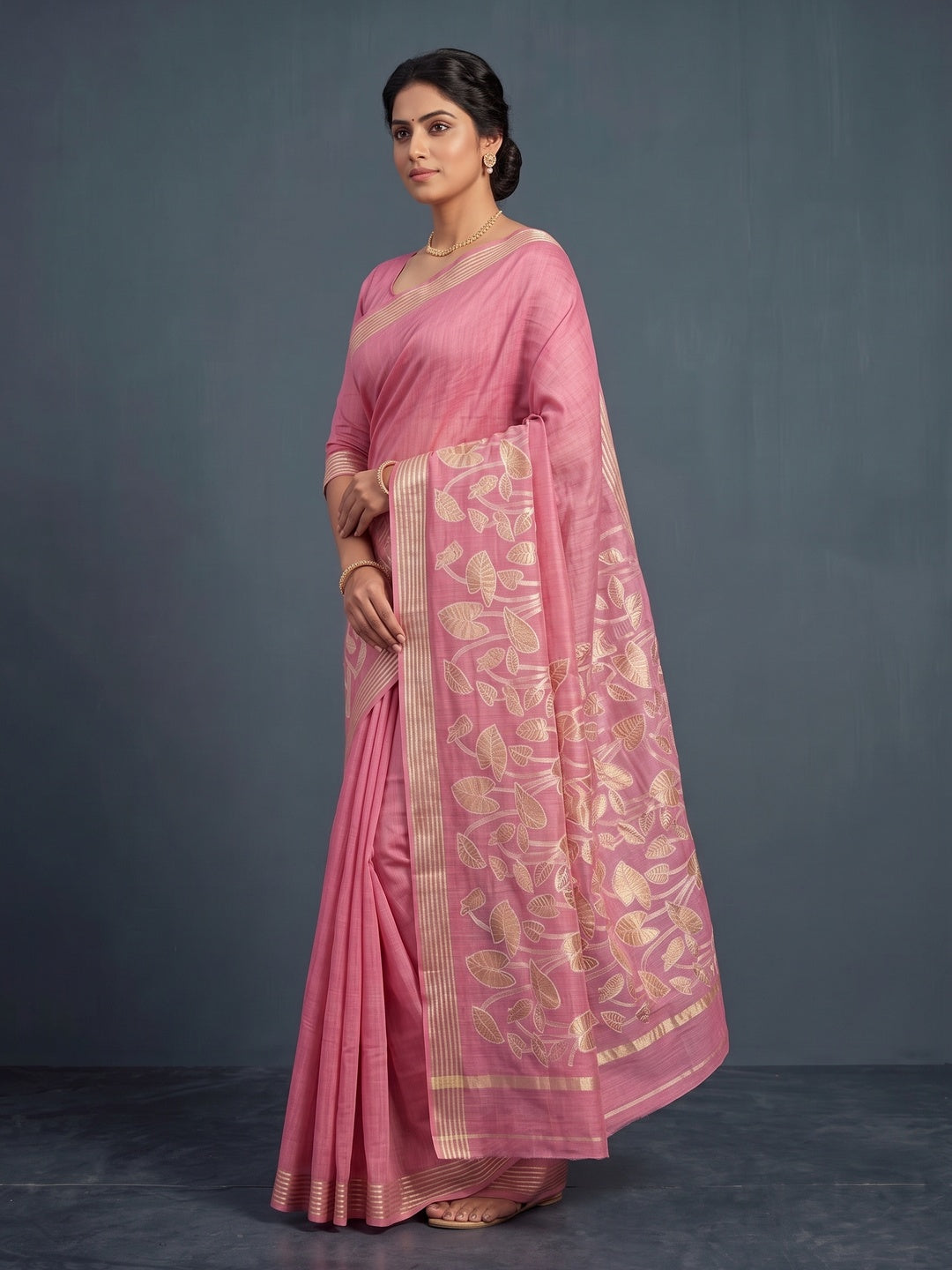 Peachmode Pink Cotton Blend Leaf Pallu Saree - Image 4
