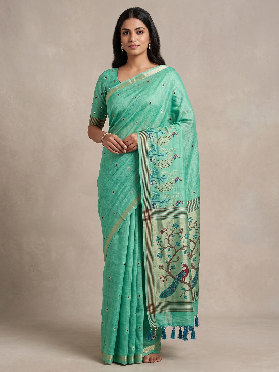 Peachmode Rama Green Cotton Blend Mirror Motif Saree - Image 1