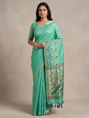 Peachmode Rama Green Cotton Blend Mirror Motif Saree - Image 1
